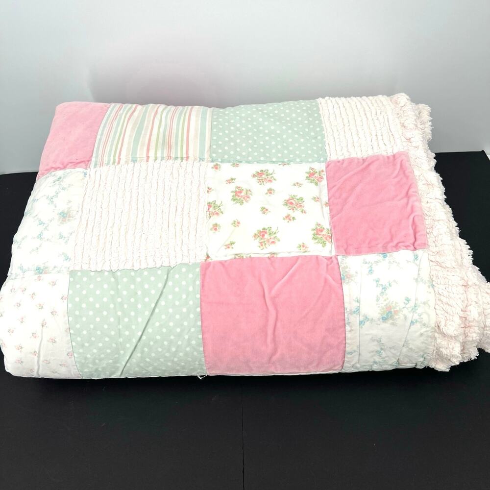 Simply Shabby Chic kids girl’s full patchwork reversible quilt velvet floral